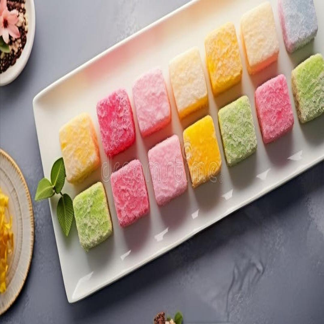 Mochi colorés en composition flatlay