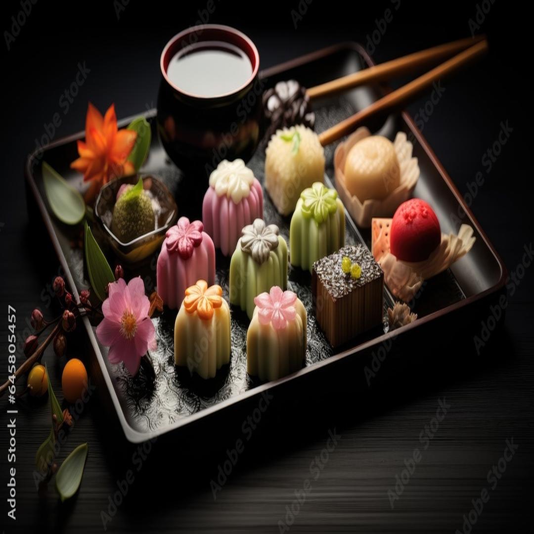 Wagashi traditionnel sur plateau laqué